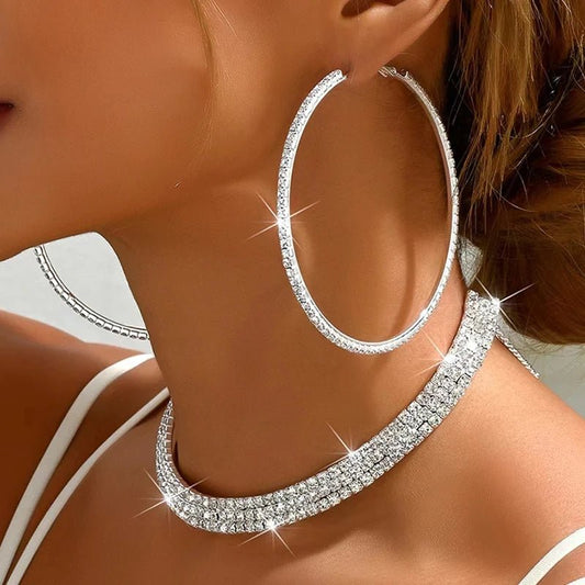 Fashion Wedding Jewelry For Women Shining Rhinestone Chunky Necklace Hoop Earrings Sets Jewellery Gifts Women Bridal Accessory - TheGlamTrend200001033:361180colorcolorFashion Wedding Jewelry For Women Shining Rhinestone Chunky Necklace Hoop Earrings Sets Jewellery Gifts Women Bridal Accessory