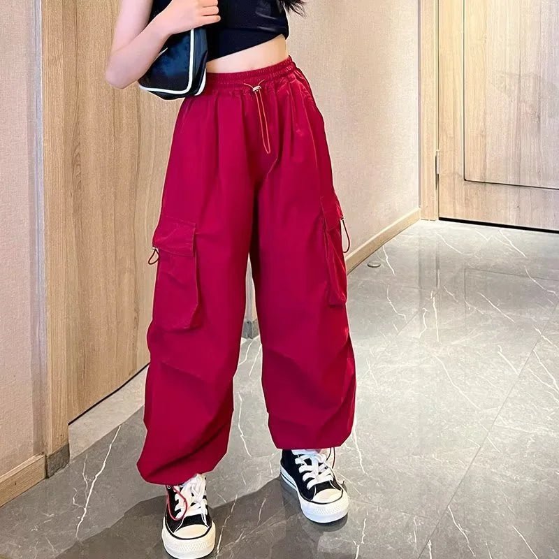 Girls' High Waist Straight Trousers Kids Fashion Hip Hop Joggers Cargo Pants Children Cool Spring Autumn Drawstring Sweatpants - TheGlamTrend14:175Red;200000463:20000419411 - 12T(Size 160)Red11 - 12T(Size 160)Girls' High Waist Straight Trousers Kids Fashion Hip Hop Joggers Cargo Pants Children Cool Spring Autumn Drawstring Sweatpants
