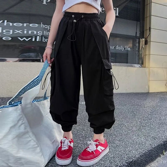 Girls' High Waist Straight Trousers Kids Fashion Hip Hop Joggers Cargo Pants Children Cool Spring Autumn Drawstring Sweatpants - TheGlamTrend14:200004889Black;200000463:20000419513 - 14T(Size 170)Black13 - 14T(Size 170)Girls' High Waist Straight Trousers Kids Fashion Hip Hop Joggers Cargo Pants Children Cool Spring Autumn Drawstring Sweatpants