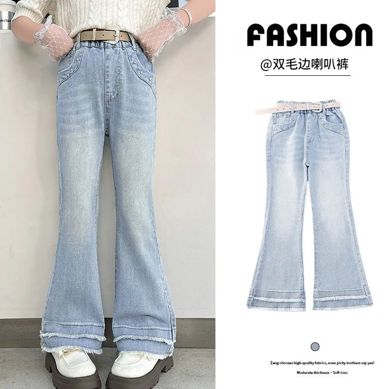 Girls' trousers with frayed hem; flared trousers; fashionable and versatile; slim - fit trousers; no belt included. - TheGlamTrend14:173lans;200000463:200004187120lans120Girls' trousers with frayed hem; flared trousers; fashionable and versatile; slim - fit trousers; no belt included.