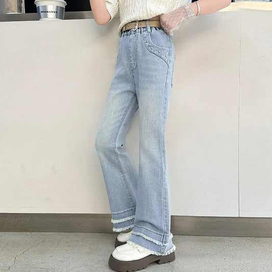 Girls' trousers with frayed hem; flared trousers; fashionable and versatile; slim - fit trousers; no belt included. - TheGlamTrend14:173lans;200000463:200004187120lans120Girls' trousers with frayed hem; flared trousers; fashionable and versatile; slim - fit trousers; no belt included.
