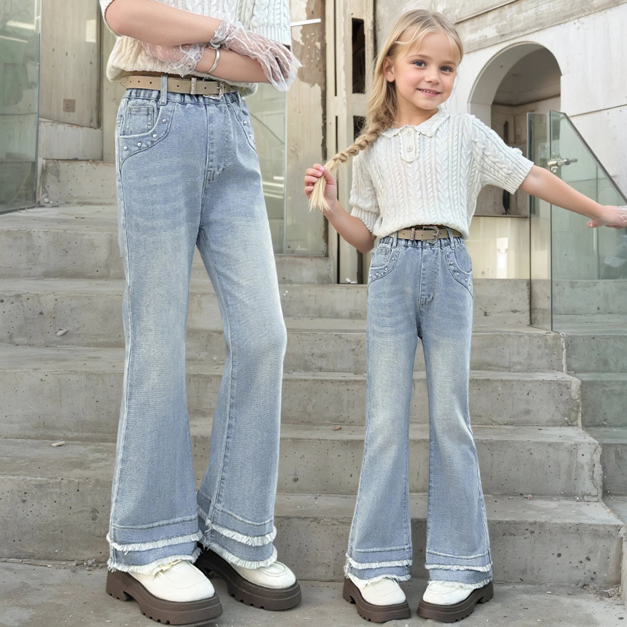 Girls' trousers with frayed hem; flared trousers; fashionable and versatile; slim - fit trousers; no belt included. - TheGlamTrend14:173lans;200000463:200004187120lans120Girls' trousers with frayed hem; flared trousers; fashionable and versatile; slim - fit trousers; no belt included.