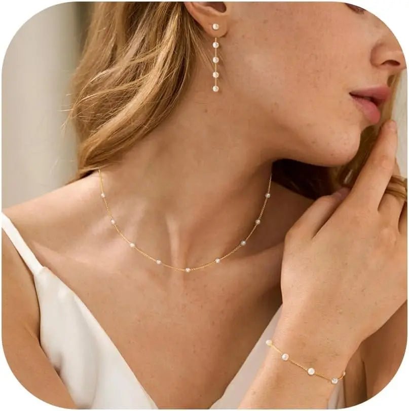 Gold Jewelry Set for Women, Dainty 14K Gold/Silver Plated Pearl Necklace and Earring Set with Drop Earrings Bracelets Necklace - TheGlamTrend200001033:361180GoldGoldGold Jewelry Set for Women, Dainty 14K Gold/Silver Plated Pearl Necklace and Earring Set with Drop Earrings Bracelets Necklace