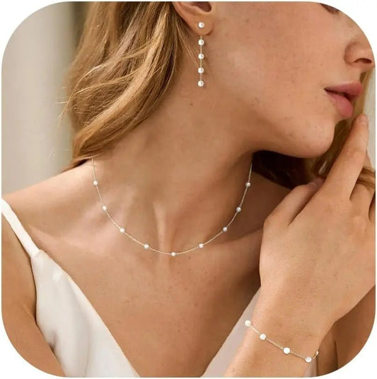 Gold Jewelry Set for Women, Dainty 14K Gold/Silver Plated Pearl Necklace and Earring Set with Drop Earrings Bracelets Necklace - TheGlamTrend200001033:361181SilverSilverGold Jewelry Set for Women, Dainty 14K Gold/Silver Plated Pearl Necklace and Earring Set with Drop Earrings Bracelets Necklace