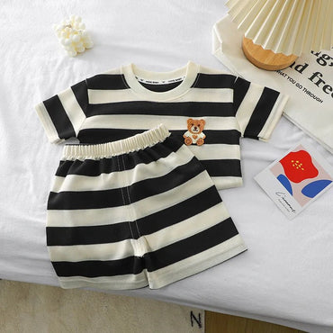 Kids Clothes Children's Short - sleeved Suit Striped Top+shorts 2 - piece T-shirt Summer Baby Clothes Children Clothing Boys Girls - TheGlamTrend14:771black;200000463:20000418780cm 9 - 12Mblack80cm 9 - 12MKids Clothes Children's Short - sleeved Suit Striped Top+shorts 2 - piece T-shirt Summer Baby Clothes Children Clothing Boys Girls