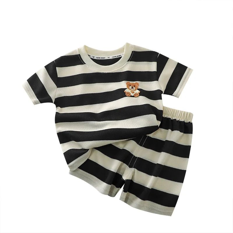 Kids Clothes Children's Short - sleeved Suit Striped Top+shorts 2 - piece T-shirt Summer Baby Clothes Children Clothing Boys Girls - TheGlamTrend14:771black;200000463:20000418780cm 9 - 12Mblack80cm 9 - 12MKids Clothes Children's Short - sleeved Suit Striped Top+shorts 2 - piece T-shirt Summer Baby Clothes Children Clothing Boys Girls