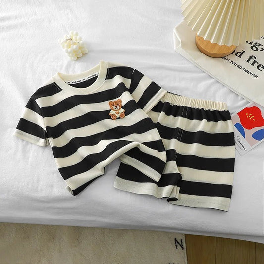 Kids Clothes Children's Short - sleeved Suit Striped Top+shorts 2 - piece T-shirt Summer Baby Clothes Children Clothing Boys Girls - TheGlamTrend14:771black;200000463:20000418780cm 9 - 12Mblack80cm 9 - 12MKids Clothes Children's Short - sleeved Suit Striped Top+shorts 2 - piece T-shirt Summer Baby Clothes Children Clothing Boys Girls