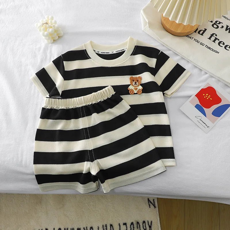 Kids Clothes Children's Short - sleeved Suit Striped Top+shorts 2 - piece T-shirt Summer Baby Clothes Children Clothing Boys Girls - TheGlamTrend14:771black;200000463:20000418780cm 9 - 12Mblack80cm 9 - 12MKids Clothes Children's Short - sleeved Suit Striped Top+shorts 2 - piece T-shirt Summer Baby Clothes Children Clothing Boys Girls