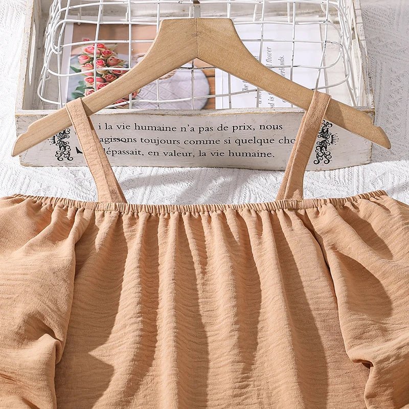 Kids Clothing Sets For Girls Khaki Off - shoulder Long sleeve Top & Stripe Printing Pants Summer Resort Style Children Suits OOTD - TheGlamTrend14:1202DH06002 Khaki;200000463:2000041959YDH06002 Khaki9YKids Clothing Sets For Girls Khaki Off - shoulder Long sleeve Top & Stripe Printing Pants Summer Resort Style Children Suits OOTD