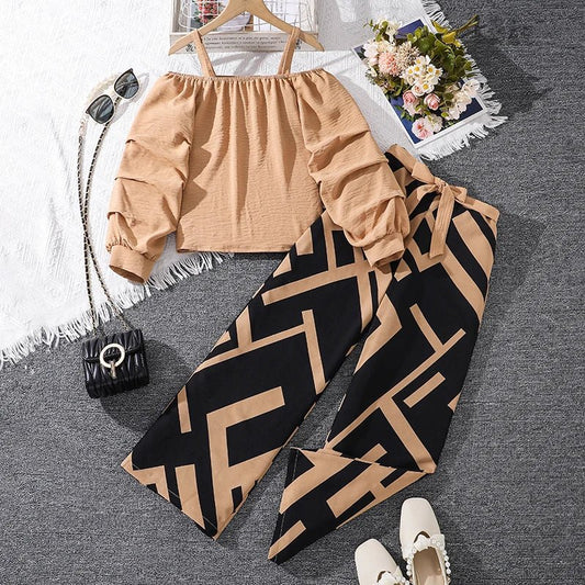 Kids Clothing Sets For Girls Khaki Off - shoulder Long sleeve Top & Stripe Printing Pants Summer Resort Style Children Suits OOTD - TheGlamTrend14:1202DH06002 Khaki;200000463:2000041959YDH06002 Khaki9YKids Clothing Sets For Girls Khaki Off - shoulder Long sleeve Top & Stripe Printing Pants Summer Resort Style Children Suits OOTD