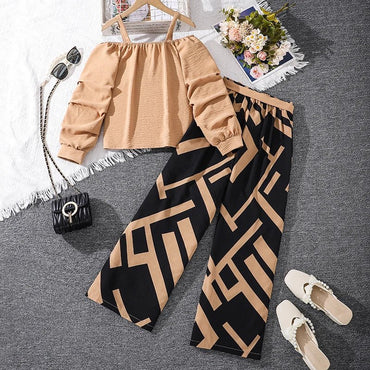 Kids Clothing Sets For Girls Khaki Off - shoulder Long sleeve Top & Stripe Printing Pants Summer Resort Style Children Suits OOTD - TheGlamTrend14:1202DH06002 Khaki;200000463:2000041959YDH06002 Khaki9YKids Clothing Sets For Girls Khaki Off - shoulder Long sleeve Top & Stripe Printing Pants Summer Resort Style Children Suits OOTD