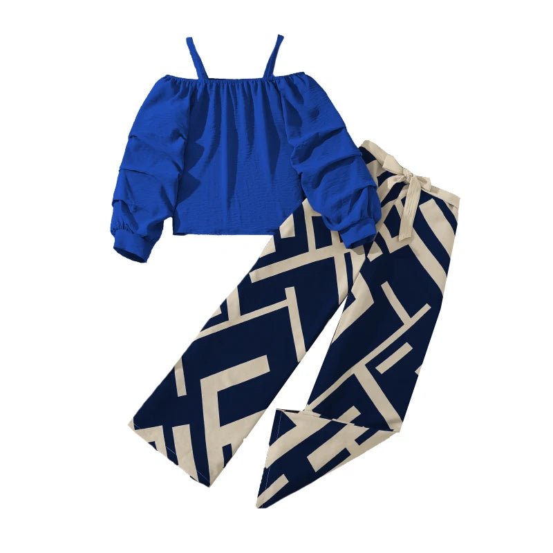 Kids Clothing Sets For Girls Khaki Off - shoulder Long sleeve Top & Stripe Printing Pants Summer Resort Style Children Suits OOTD - TheGlamTrend14:173DH06002 Blue;200000463:20000419812YDH06002 Blue12YKids Clothing Sets For Girls Khaki Off - shoulder Long sleeve Top & Stripe Printing Pants Summer Resort Style Children Suits OOTD