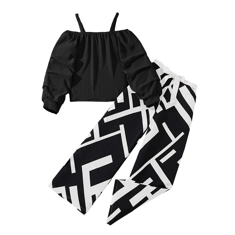 Kids Clothing Sets For Girls Khaki Off - shoulder Long sleeve Top & Stripe Printing Pants Summer Resort Style Children Suits OOTD - TheGlamTrend14:193DH6002 Black;200000463:20000419610YDH6002 Black10YKids Clothing Sets For Girls Khaki Off - shoulder Long sleeve Top & Stripe Printing Pants Summer Resort Style Children Suits OOTD
