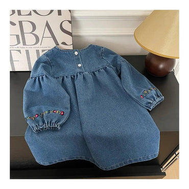 Kids Clothing Spring And Autumnr Round Neck Floral Embroidered Long Sleeve Denim dress Girls Dress Princess Dress - TheGlamTrend14:175BZ3560 blue;200000463:2000041915TBZ3560 blue5TKids Clothing Spring And Autumnr Round Neck Floral Embroidered Long Sleeve Denim dress Girls Dress Princess Dress