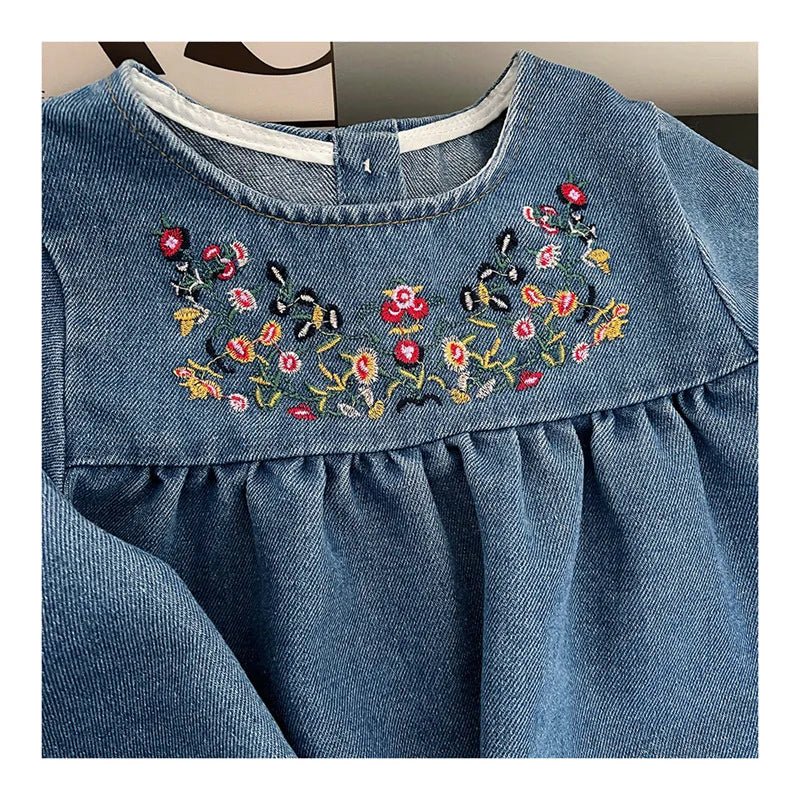 Kids Clothing Spring And Autumnr Round Neck Floral Embroidered Long Sleeve Denim dress Girls Dress Princess Dress - TheGlamTrend14:175BZ3560 blue;200000463:2000041915TBZ3560 blue5TKids Clothing Spring And Autumnr Round Neck Floral Embroidered Long Sleeve Denim dress Girls Dress Princess Dress