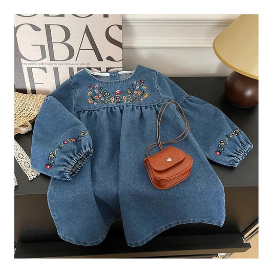 Kids Clothing Spring And Autumnr Round Neck Floral Embroidered Long Sleeve Denim dress Girls Dress Princess Dress - TheGlamTrend14:175BZ3560 blue;200000463:2000041915TBZ3560 blue5TKids Clothing Spring And Autumnr Round Neck Floral Embroidered Long Sleeve Denim dress Girls Dress Princess Dress
