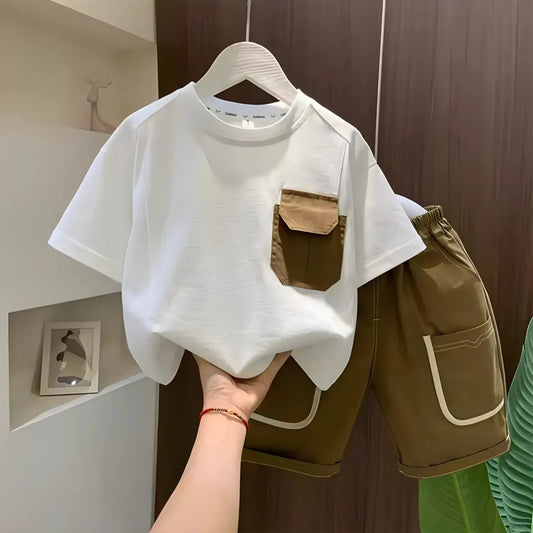 Kids Clothing Suit Boys Summer Short sleeved Set New Korean Edition Fashionable Children's T-shirt and Shorts Two Piece Set - TheGlamTrend14:29;200000463:2000041938 - 9T 150CMWHITE8 - 9T 150CMKids Clothing Suit Boys Summer Short sleeved Set New Korean Edition Fashionable Children's T-shirt and Shorts Two Piece Set