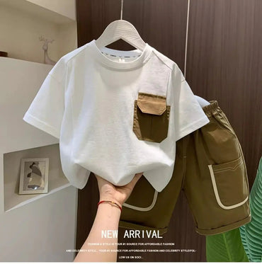 Kids Clothing Suit Boys Summer Short sleeved Set New Korean Edition Fashionable Children's T-shirt and Shorts Two Piece Set - TheGlamTrend14:29;200000463:2000041938 - 9T 150CMWHITE8 - 9T 150CMKids Clothing Suit Boys Summer Short sleeved Set New Korean Edition Fashionable Children's T-shirt and Shorts Two Piece Set