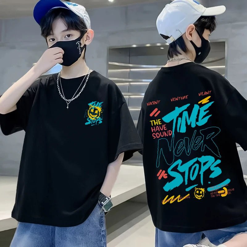 Korean Children's Clothes 2025 Boys Hip Hop Graphic T Shirts Summer Loose Cotton Short Sleeve Tops Tees Kids Clothing 9 10 Years - TheGlamTrend14:193;200000463:200661905black12TKorean Children's Clothes 2025 Boys Hip Hop Graphic T Shirts Summer Loose Cotton Short Sleeve Tops Tees Kids Clothing 9 10 Years