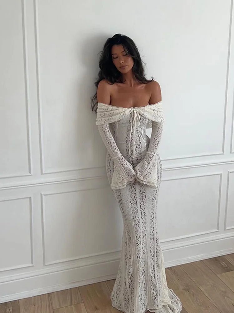 Lace Hollow Out One - shoulder Slim Long Dress For Women Solid Lace Up Waistless Dresses 2024 Chic Sexy Female Party Date Robes - TheGlamTrend14:29White;5:100014064WhiteSLace Hollow Out One - shoulder Slim Long Dress For Women Solid Lace Up Waistless Dresses 2024 Chic Sexy Female Party Date Robes