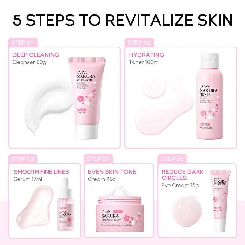 LAIKOU Sakura Kit Skin Care Sets Moisturizing and Reducing Fine Lines Cleansing Pore Product 5 - Piece Korean Skincare Set - TheGlamTrend<none>LAIKOU Sakura Kit Skin Care Sets Moisturizing and Reducing Fine Lines Cleansing Pore Product 5 - Piece Korean Skincare Set