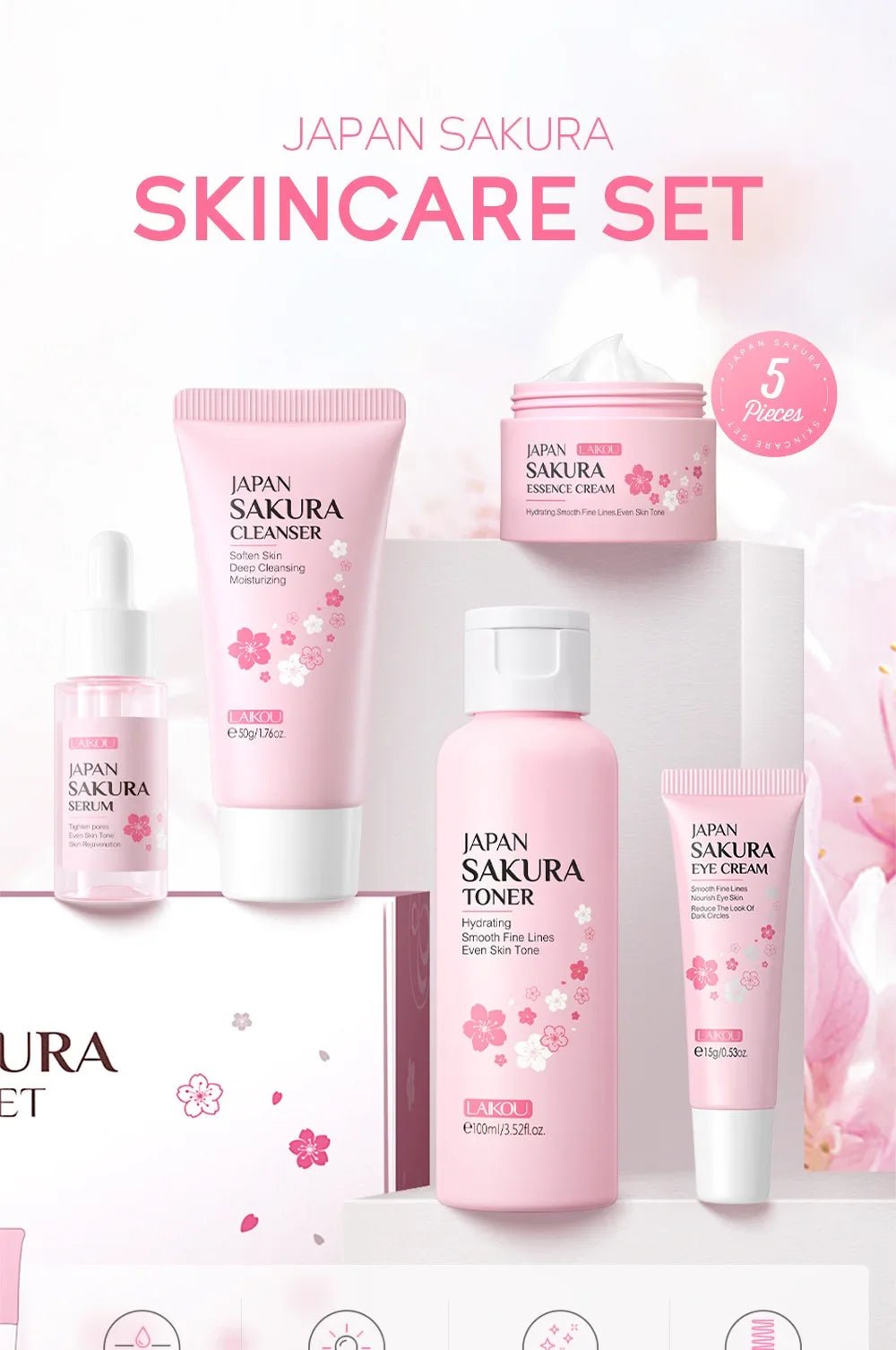 LAIKOU Sakura Kit Skin Care Sets Moisturizing and Reducing Fine Lines Cleansing Pore Product 5 - Piece Korean Skincare Set - TheGlamTrend<none>LAIKOU Sakura Kit Skin Care Sets Moisturizing and Reducing Fine Lines Cleansing Pore Product 5 - Piece Korean Skincare Set