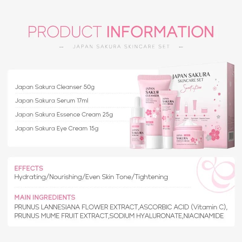 LAIKOU Sakura Skin Care Set Facial Cleanser Face Cream Essence Facial Eye Cream Skincare Product 4pcs Kit - TheGlamTrend14:1052Four - piece setFour - piece setLAIKOU Sakura Skin Care Set Facial Cleanser Face Cream Essence Facial Eye Cream Skincare Product 4pcs Kit