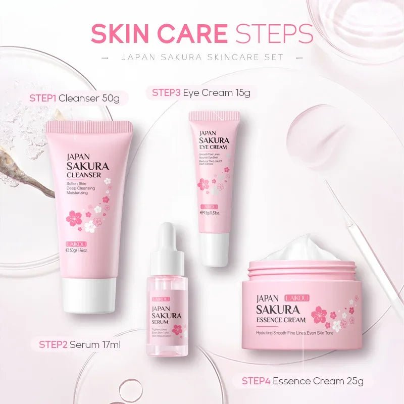 LAIKOU Sakura Skin Care Set Facial Cleanser Face Cream Essence Facial Eye Cream Skincare Product 4pcs Kit - TheGlamTrend14:1052Four - piece setFour - piece setLAIKOU Sakura Skin Care Set Facial Cleanser Face Cream Essence Facial Eye Cream Skincare Product 4pcs Kit