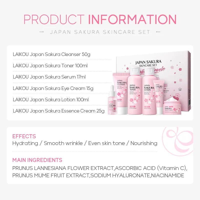 LAIKOU Sakura Skin Care Sets Facial Cleanser Eye Creams Face Cream Serum Lotion Toner Brightening Moisturizing Face Care Kit - TheGlamTrend14:296pcs kit6pcs kitLAIKOU Sakura Skin Care Sets Facial Cleanser Eye Creams Face Cream Serum Lotion Toner Brightening Moisturizing Face Care Kit