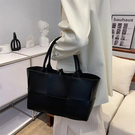 Large Capacity Handbags for Women 2022 Fashion Leather Woven Tote Bags Designer Solid Color Lacing Plaid PU Shoulder Bags - TheGlamTrend14:771BKBKLarge Capacity Handbags for Women 2022 Fashion Leather Woven Tote Bags Designer Solid Color Lacing Plaid PU Shoulder Bags