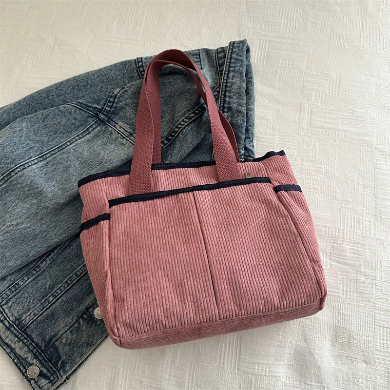 Large Capacity Tote Bags for Women Vintage Corduroy Shoulder Ladies Underarm Bag Casual Shopping Female Handbag with Side Pocket - TheGlamTrend14:1052PinkLarge Capacity Tote Bags for Women Vintage Corduroy Shoulder Ladies Underarm Bag Casual Shopping Female Handbag with Side Pocket