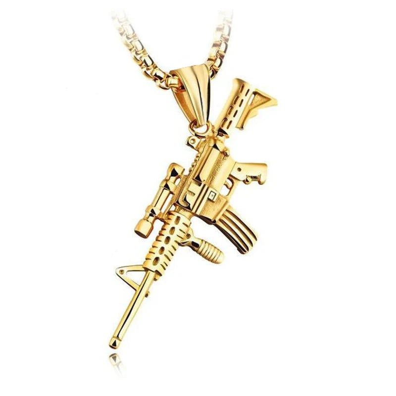 Men's Machine Gun Pendant Necklace Hip Hop Punk Black Gold Color Stainless Steel Chain Retro Accessories Hippie Rapper Jewelry - TheGlamTrend200001034:200003759gold colorgold colorMen's Machine Gun Pendant Necklace Hip Hop Punk Black Gold Color Stainless Steel Chain Retro Accessories Hippie Rapper Jewelry