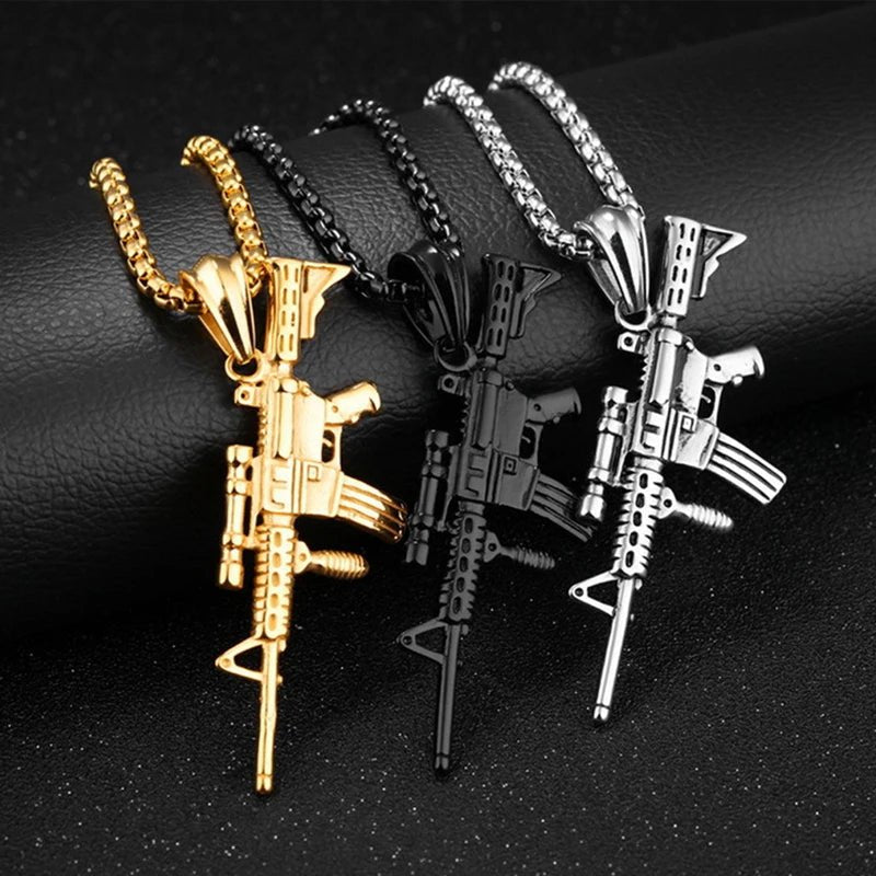 Men's Machine Gun Pendant Necklace Hip Hop Punk Black Gold Color Stainless Steel Chain Retro Accessories Hippie Rapper Jewelry - TheGlamTrend200001034:200003760black gold colorblack gold colorMen's Machine Gun Pendant Necklace Hip Hop Punk Black Gold Color Stainless Steel Chain Retro Accessories Hippie Rapper Jewelry