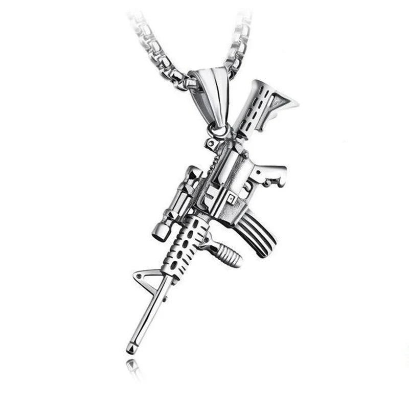 Men's Machine Gun Pendant Necklace Hip Hop Punk Black Gold Color Stainless Steel Chain Retro Accessories Hippie Rapper Jewelry - TheGlamTrend200001034:201673808silver colorsilver colorMen's Machine Gun Pendant Necklace Hip Hop Punk Black Gold Color Stainless Steel Chain Retro Accessories Hippie Rapper Jewelry