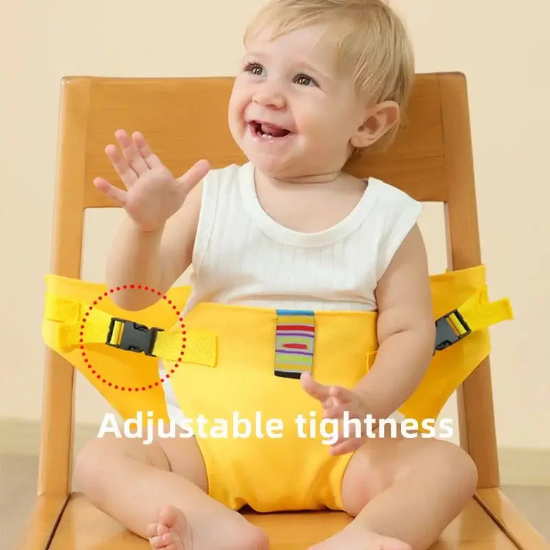 Happy toddler sitting in a chair wearing a foldable and portable child seat harness with adjustable tightness.