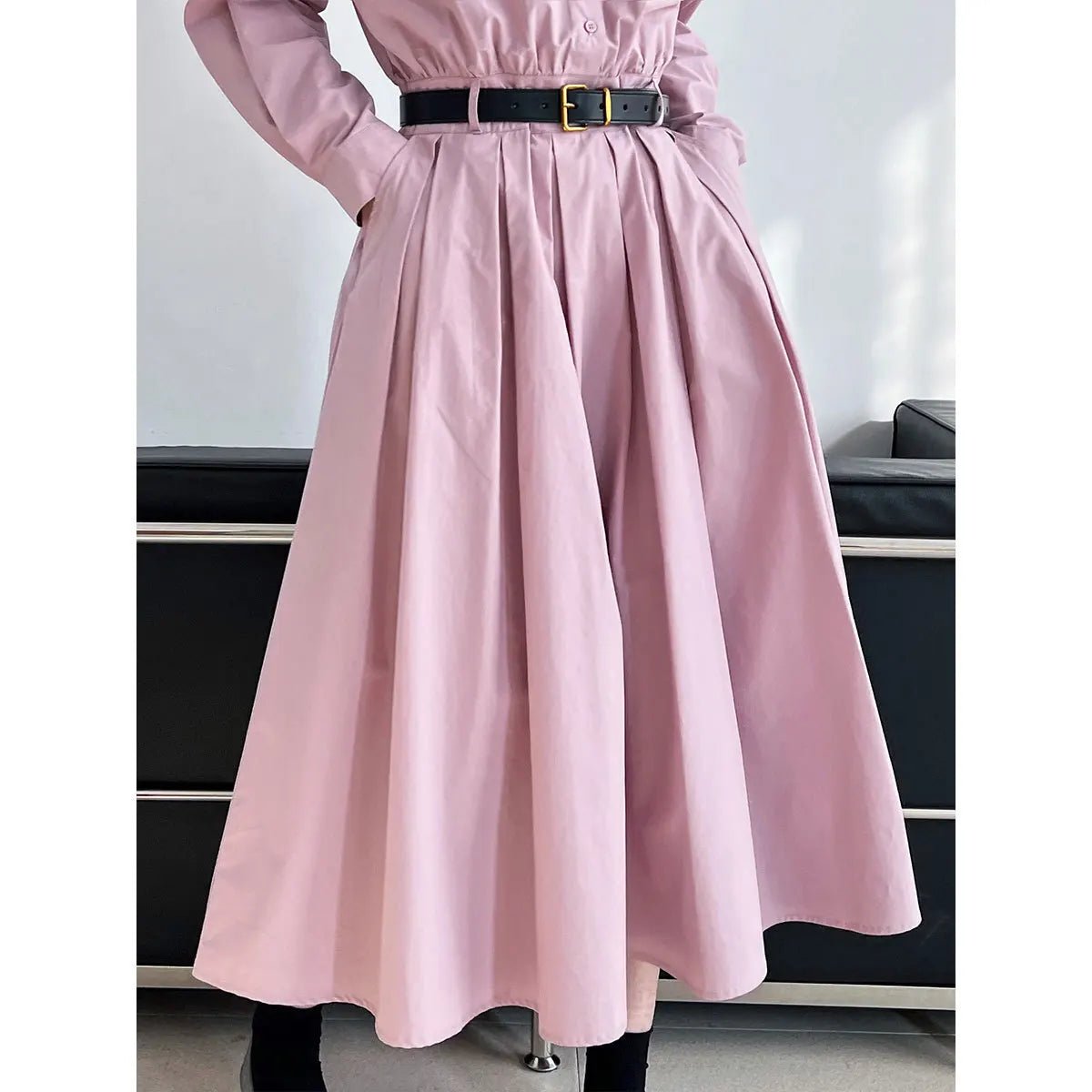 Polo‘s Collar Shirt Dress Women Spring Slimming Long Dress With A Cinched Waist Blue / Pink - TheGlamTrend14:173;5:361385BlueLPolo‘s Collar Shirt Dress Women Spring Slimming Long Dress With A Cinched Waist Blue / Pink