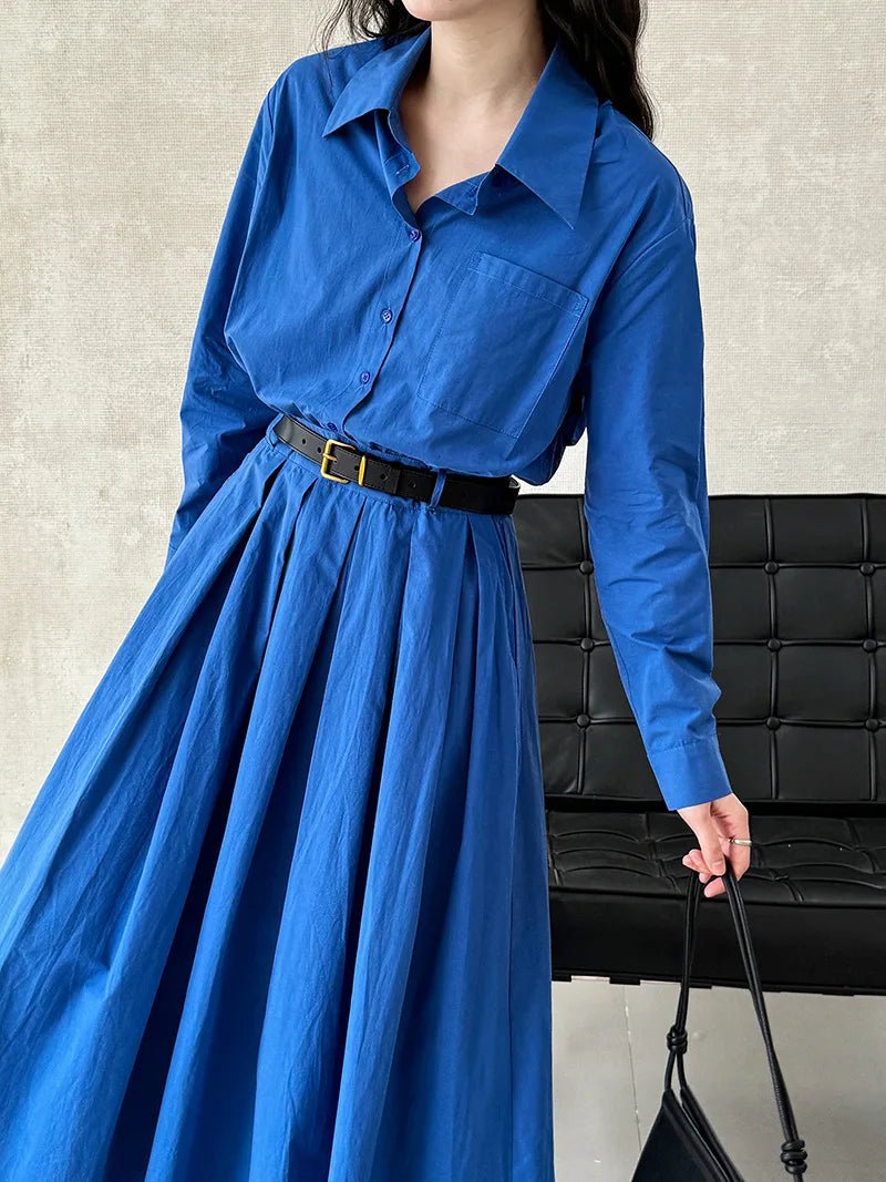 Polo‘s Collar Shirt Dress Women Spring Slimming Long Dress With A Cinched Waist Blue / Pink - TheGlamTrend14:173;5:361385BlueLPolo‘s Collar Shirt Dress Women Spring Slimming Long Dress With A Cinched Waist Blue / Pink