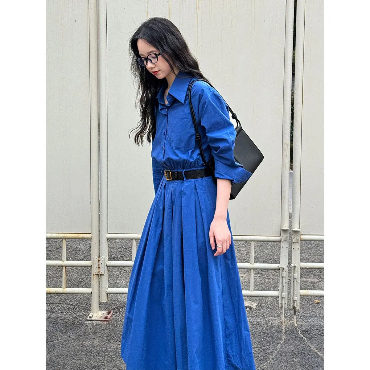 Polo‘s Collar Shirt Dress Women Spring Slimming Long Dress With A Cinched Waist Blue / Pink - TheGlamTrend14:173;5:361385BlueLPolo‘s Collar Shirt Dress Women Spring Slimming Long Dress With A Cinched Waist Blue / Pink