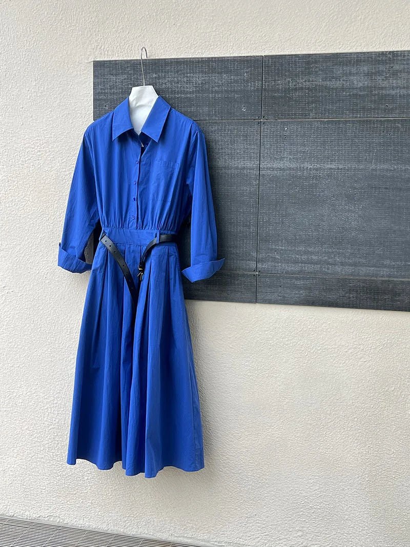 Polo‘s Collar Shirt Dress Women Spring Slimming Long Dress With A Cinched Waist Blue / Pink - TheGlamTrend14:173;5:361385BlueLPolo‘s Collar Shirt Dress Women Spring Slimming Long Dress With A Cinched Waist Blue / Pink