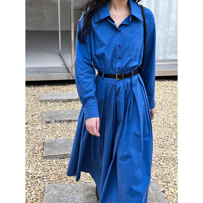Polo‘s Collar Shirt Dress Women Spring Slimming Long Dress With A Cinched Waist Blue / Pink - TheGlamTrend14:173;5:361385BlueLPolo‘s Collar Shirt Dress Women Spring Slimming Long Dress With A Cinched Waist Blue / Pink