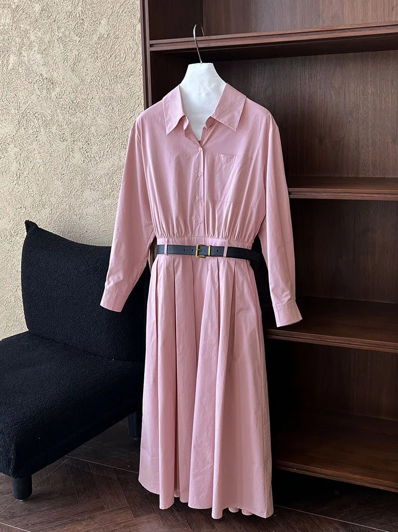 Polo‘s Collar Shirt Dress Women Spring Slimming Long Dress With A Cinched Waist Blue / Pink - TheGlamTrend14:173;5:361385BlueLPolo‘s Collar Shirt Dress Women Spring Slimming Long Dress With A Cinched Waist Blue / Pink
