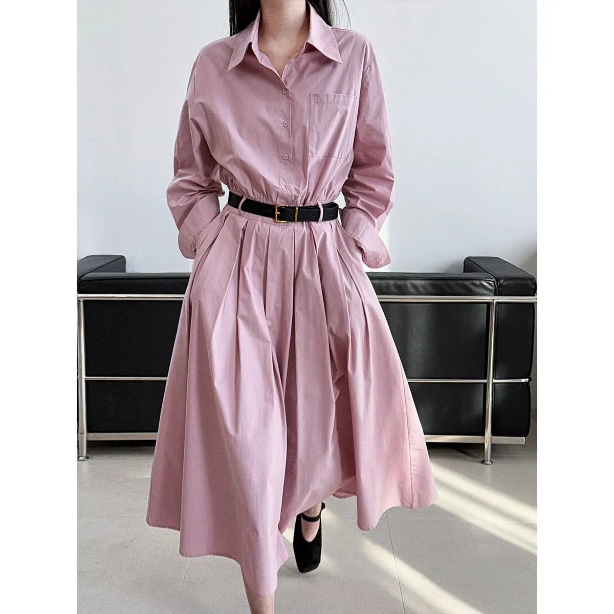 Polo‘s Collar Shirt Dress Women Spring Slimming Long Dress With A Cinched Waist Blue / Pink - TheGlamTrend14:173;5:361385BlueLPolo‘s Collar Shirt Dress Women Spring Slimming Long Dress With A Cinched Waist Blue / Pink