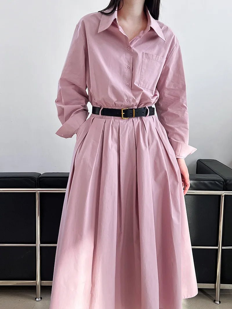 Polo‘s Collar Shirt Dress Women Spring Slimming Long Dress With A Cinched Waist Blue / Pink - TheGlamTrend14:2483468872;5:361385Lotus root colorLPolo‘s Collar Shirt Dress Women Spring Slimming Long Dress With A Cinched Waist Blue / Pink