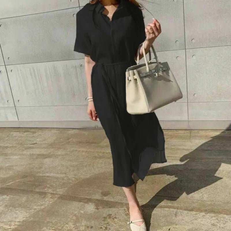 REALEFT 2024 New Summer Linen Women's Shirt Dresses Short Sleeve Single Breasted Korean Lace Up Straight Long Dress Female - TheGlamTrend14:193black;5:361385blackLREALEFT 2024 New Summer Linen Women's Shirt Dresses Short Sleeve Single Breasted Korean Lace Up Straight Long Dress Female