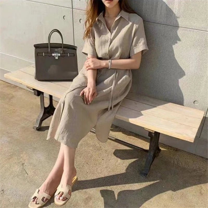 REALEFT 2024 New Summer Linen Women's Shirt Dresses Short Sleeve Single Breasted Korean Lace Up Straight Long Dress Female - TheGlamTrend14:193black;5:361385blackLREALEFT 2024 New Summer Linen Women's Shirt Dresses Short Sleeve Single Breasted Korean Lace Up Straight Long Dress Female
