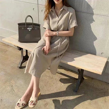REALEFT 2024 New Summer Linen Women's Shirt Dresses Short Sleeve Single Breasted Korean Lace Up Straight Long Dress Female - TheGlamTrend14:193black;5:361385blackLREALEFT 2024 New Summer Linen Women's Shirt Dresses Short Sleeve Single Breasted Korean Lace Up Straight Long Dress Female