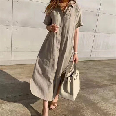 REALEFT 2024 New Summer Linen Women's Shirt Dresses Short Sleeve Single Breasted Korean Lace Up Straight Long Dress Female - TheGlamTrend14:193black;5:361385blackLREALEFT 2024 New Summer Linen Women's Shirt Dresses Short Sleeve Single Breasted Korean Lace Up Straight Long Dress Female