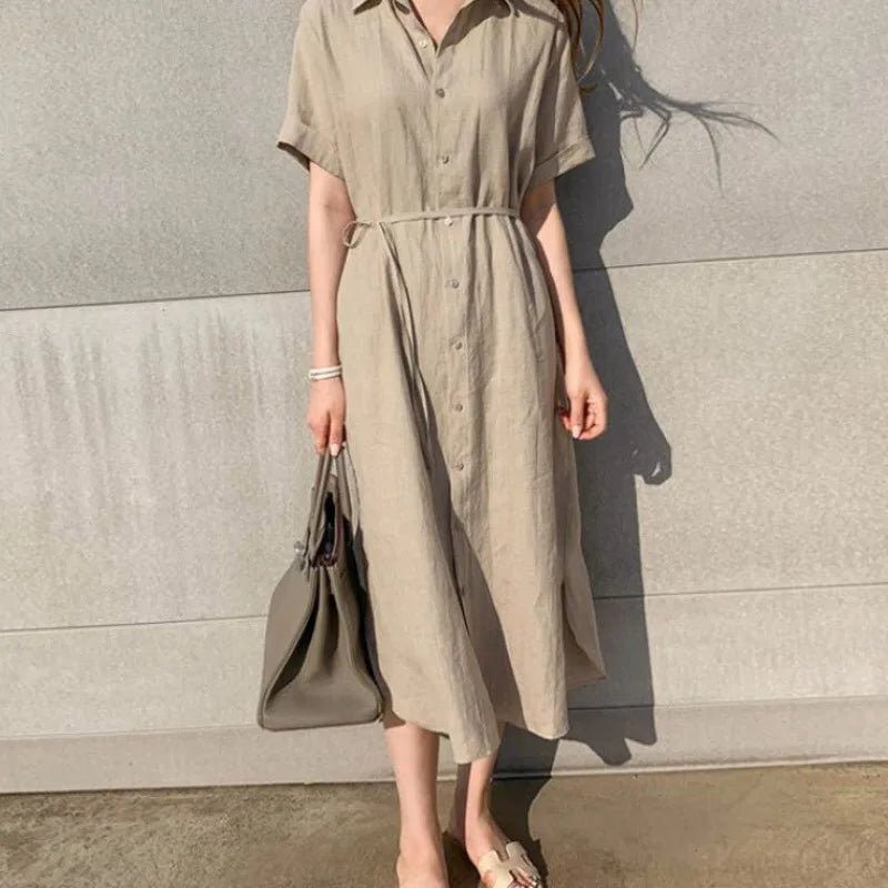 REALEFT 2024 New Summer Linen Women's Shirt Dresses Short Sleeve Single Breasted Korean Lace Up Straight Long Dress Female - TheGlamTrend14:200001438khaki;5:361385khakiLREALEFT 2024 New Summer Linen Women's Shirt Dresses Short Sleeve Single Breasted Korean Lace Up Straight Long Dress Female