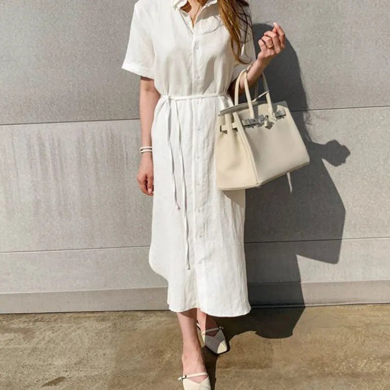 REALEFT 2024 New Summer Linen Women's Shirt Dresses Short Sleeve Single Breasted Korean Lace Up Straight Long Dress Female - TheGlamTrend14:771rice white;5:4182rice whiteXXLREALEFT 2024 New Summer Linen Women's Shirt Dresses Short Sleeve Single Breasted Korean Lace Up Straight Long Dress Female