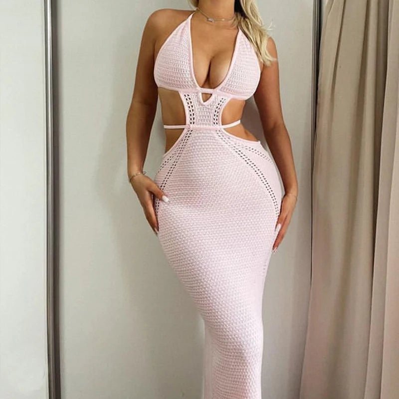 Sexy Style Hollow Out Backless Tie Up Dress Women Beach Vacation Beachwear Cover Up Knitting Sun Bathing Sunscreen Long Dress - TheGlamTrend14:1052;5:361386PinkMSexy Style Hollow Out Backless Tie Up Dress Women Beach Vacation Beachwear Cover Up Knitting Sun Bathing Sunscreen Long Dress